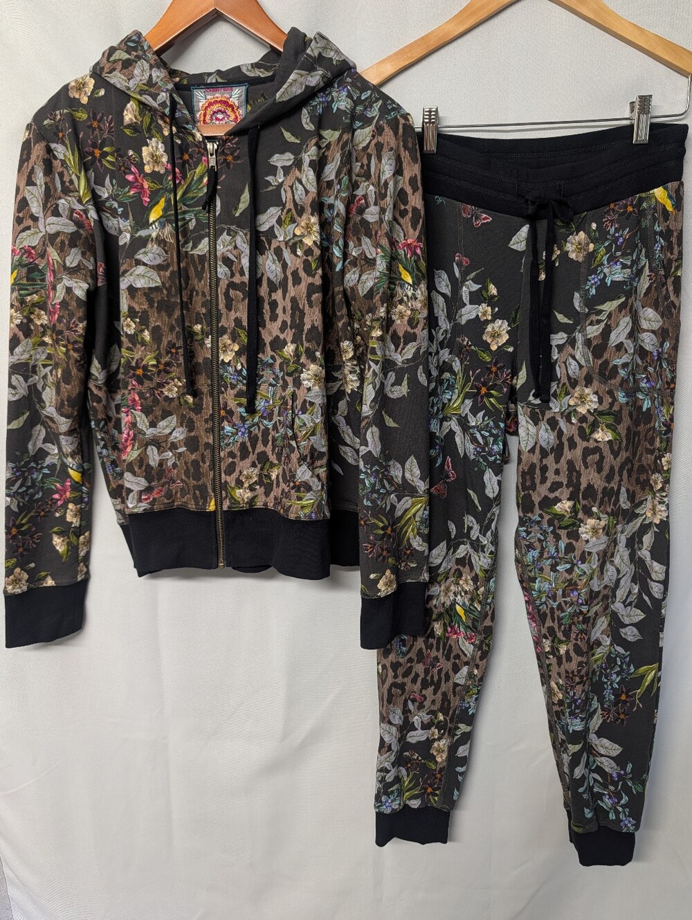 Floral Leopard Print Drawstring Jogger Pants & Zip Up Hoodie Set Size Small NWOT